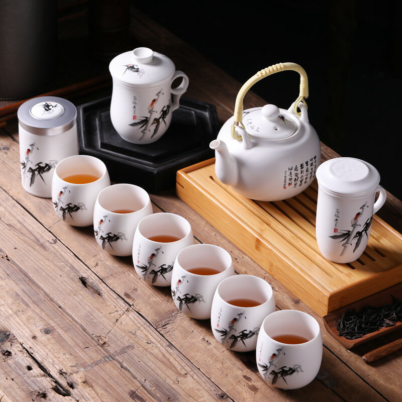 新中式水墨風 景德鎮陶瓷茶具套裝家用茶壺茶杯 整套提梁壺泡茶壺