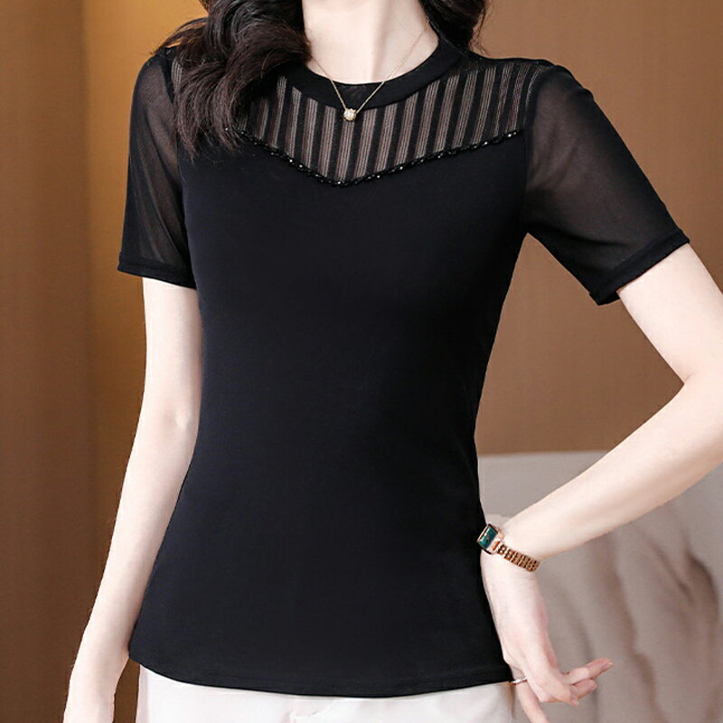 【巴黎精品】現貨+預購高級蕾絲上衣短袖雪紡衫網紗拼接氣質打底衫內搭休閒女裝-鏤空釘珠透膚女上衣a1kw54