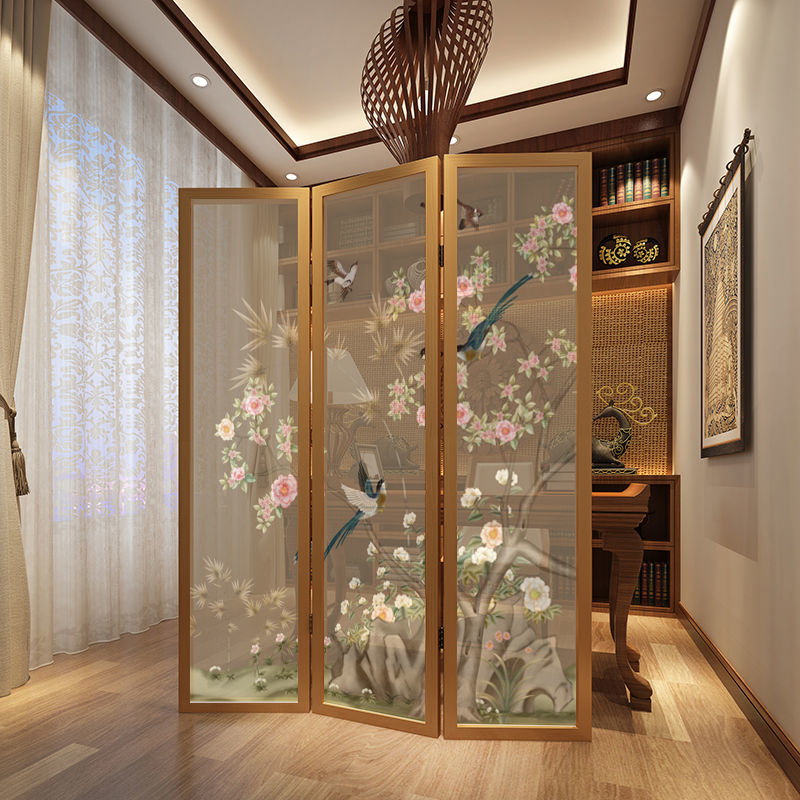 美式實木折疊屏風隔斷客廳包間定制遮擋臥室家用高級移動花鳥折屏