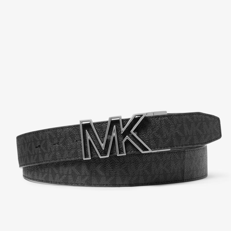 MICHAEL KORS 經典老花皮帶 腰帶 黑色PVC/咖啡色皮革 寬版 可翻轉雙面使用 M90237 MK(現貨)▶指定Outlet商品5折起☆現貨【送禮首選★APP下單點數4倍送】