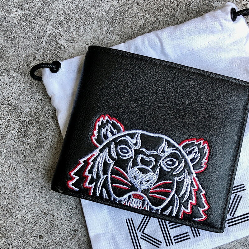 美國百分百【全新真品】KENZO 高田賢三 皮夾 短夾 真皮 錢包 證件卡夾 法國精品 老虎 虎頭 刺繡 AW63