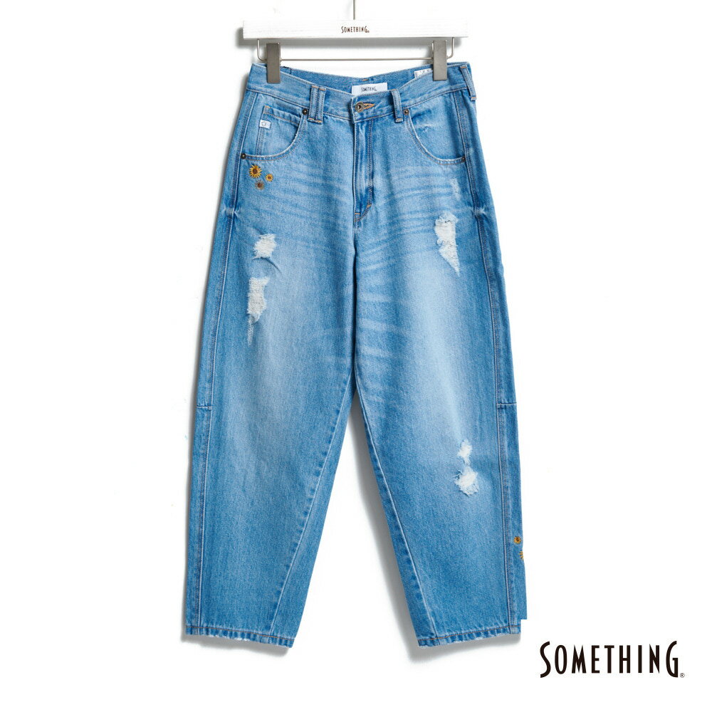 SOMETHING 向日葵高腰丹寧鐘型褲-女款 拔淺藍