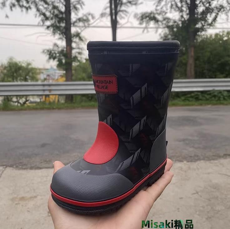 預購 兒童橡膠防滑雨鞋 雨靴 黑紅塊 童雨鞋 幼童雨鞋 兒童雨鞋 女童雨鞋 童雨鞋 雨鞋 兒童雨靴 男童雨鞋 童雨靴-Misaki精品