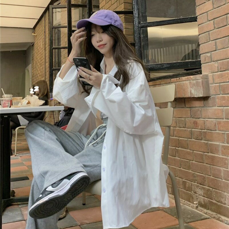 白色慵懶風bf襯衫女設計感小眾夏季薄款防曬服中長款寬松休閑上衣