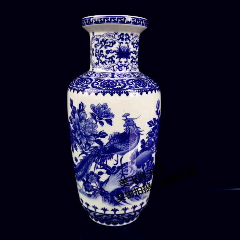古玩陶瓷器花鳥瓶 青花孔雀圖花瓶插花瓶家居擺件擺設工藝禮品