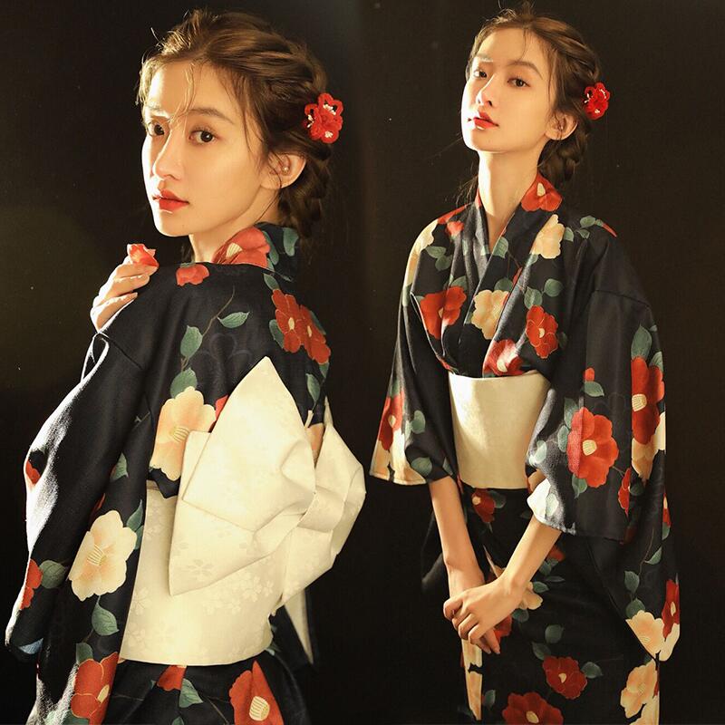 日式和服 神明少女和服女拍照服裝正裝傳統復古風改良連衣裙日式山茶花和服【HZ66823】