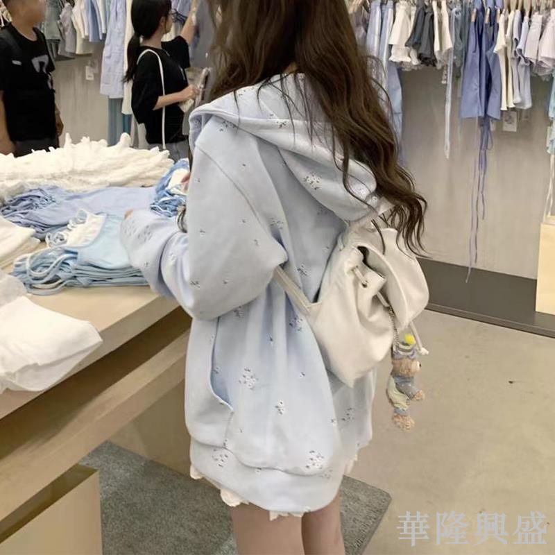 華隆 碎花連帽衛衣女春秋oversize薄款外套港味chic寬松慵懶開衫上衣