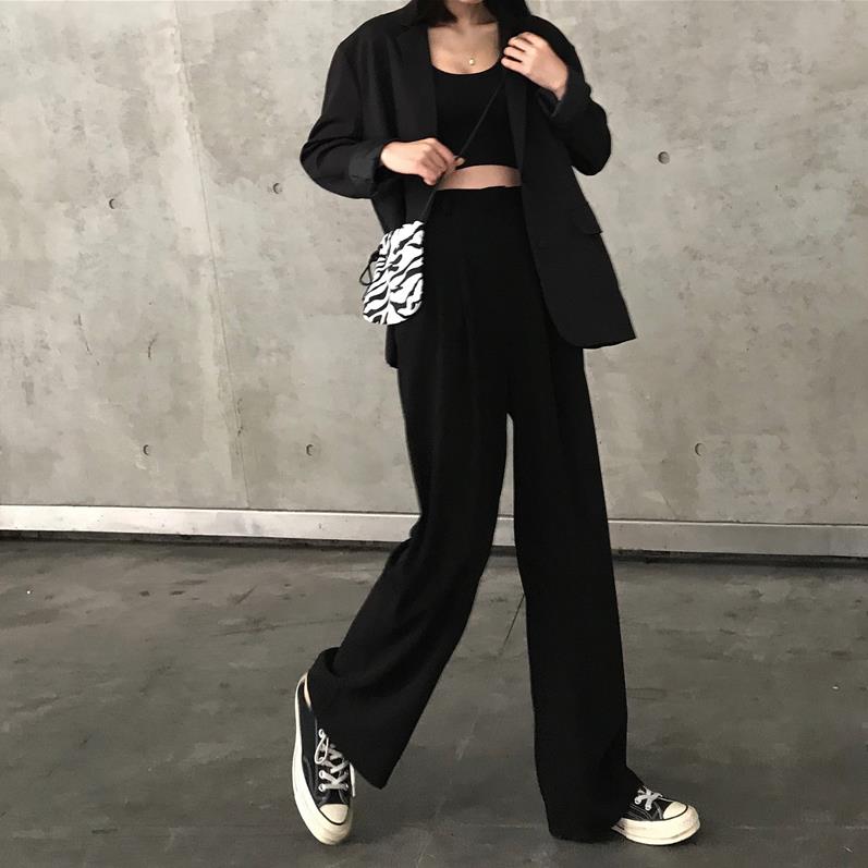 復古百搭高腰垂感闊腿褲夏款寬松純色休閑褲學生拖地長褲女1入