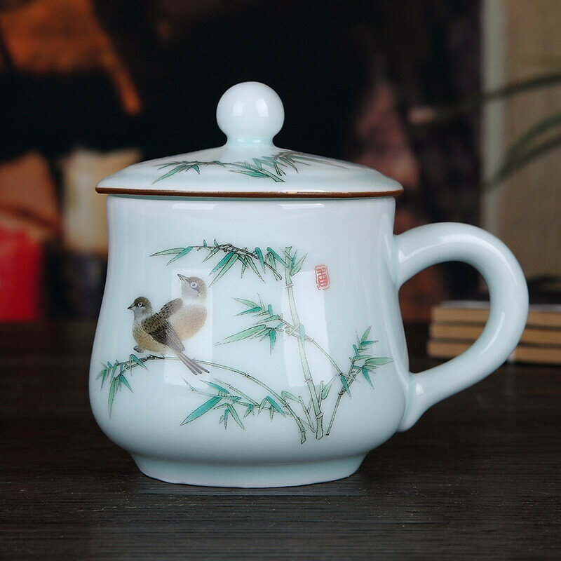 九樓閣景德鎮陶瓷茶杯帶蓋有手柄青瓷辦公水杯