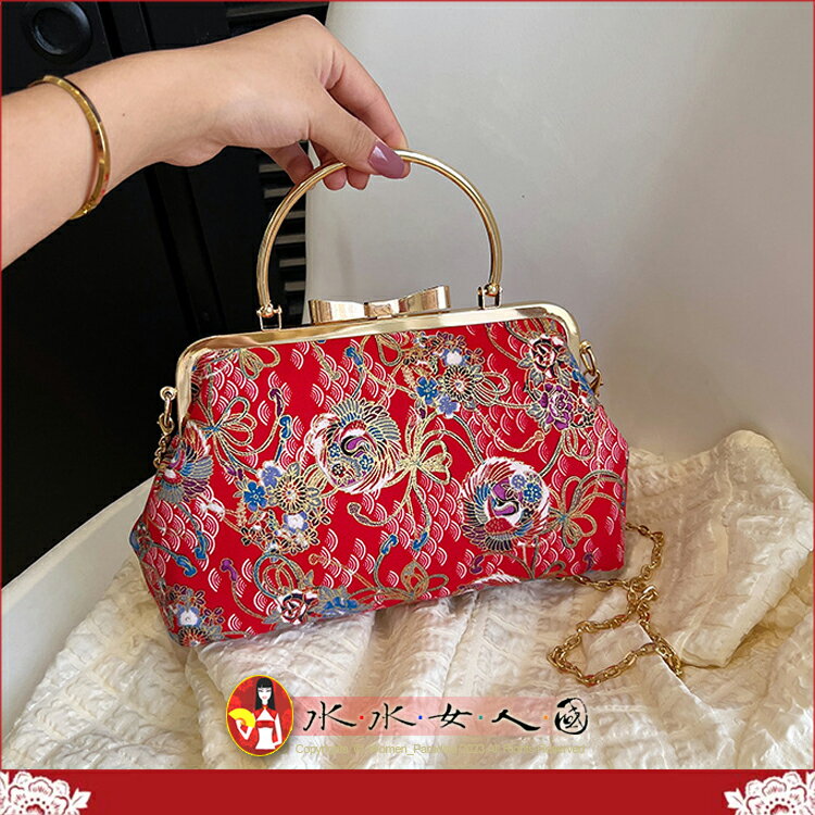 旗袍晚宴包 中國風刺繡手提包 復古新娘手拿包 輕奢單肩女包 質感斜背三用包 百搭場合必備款-鵲怡(紅色)-水水女人國
