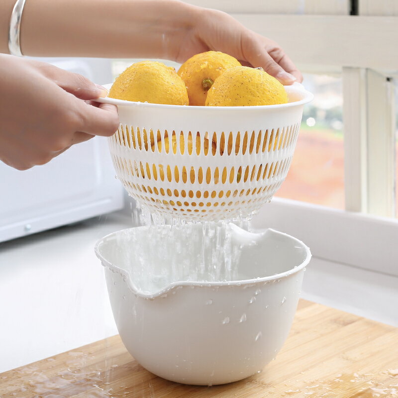創意日式雙層瀝水籃洗菜盆客廳水果盤家用小號塑料菜籃子洗菜籃