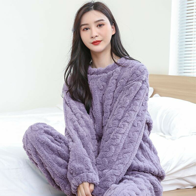 OL 大尺碼睡衣 珊瑚絨睡衣女秋冬款加絨加厚保暖新款套裝大碼冬法蘭絨家居服