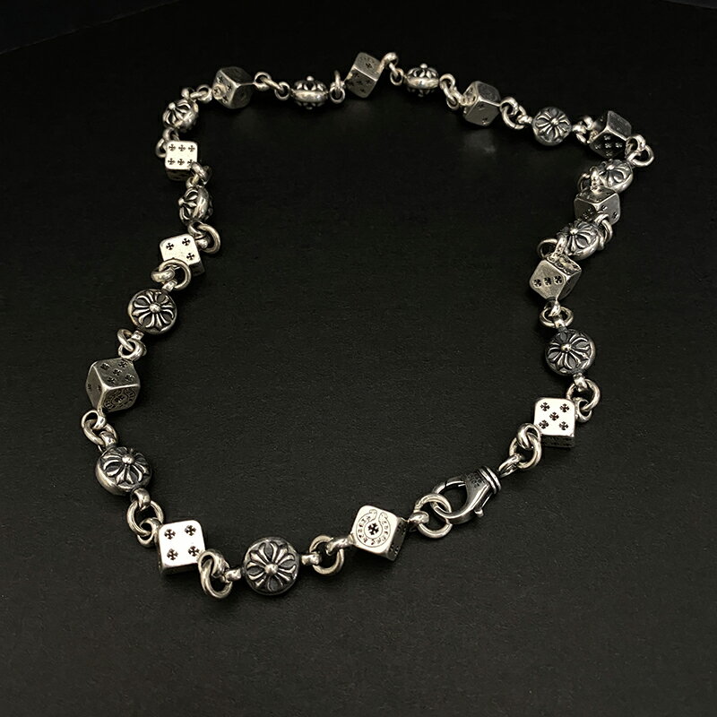925純銀時尚剋羅心泰銀個性主播潮人款嘻哈復古手工做舊骰子項鏈 1