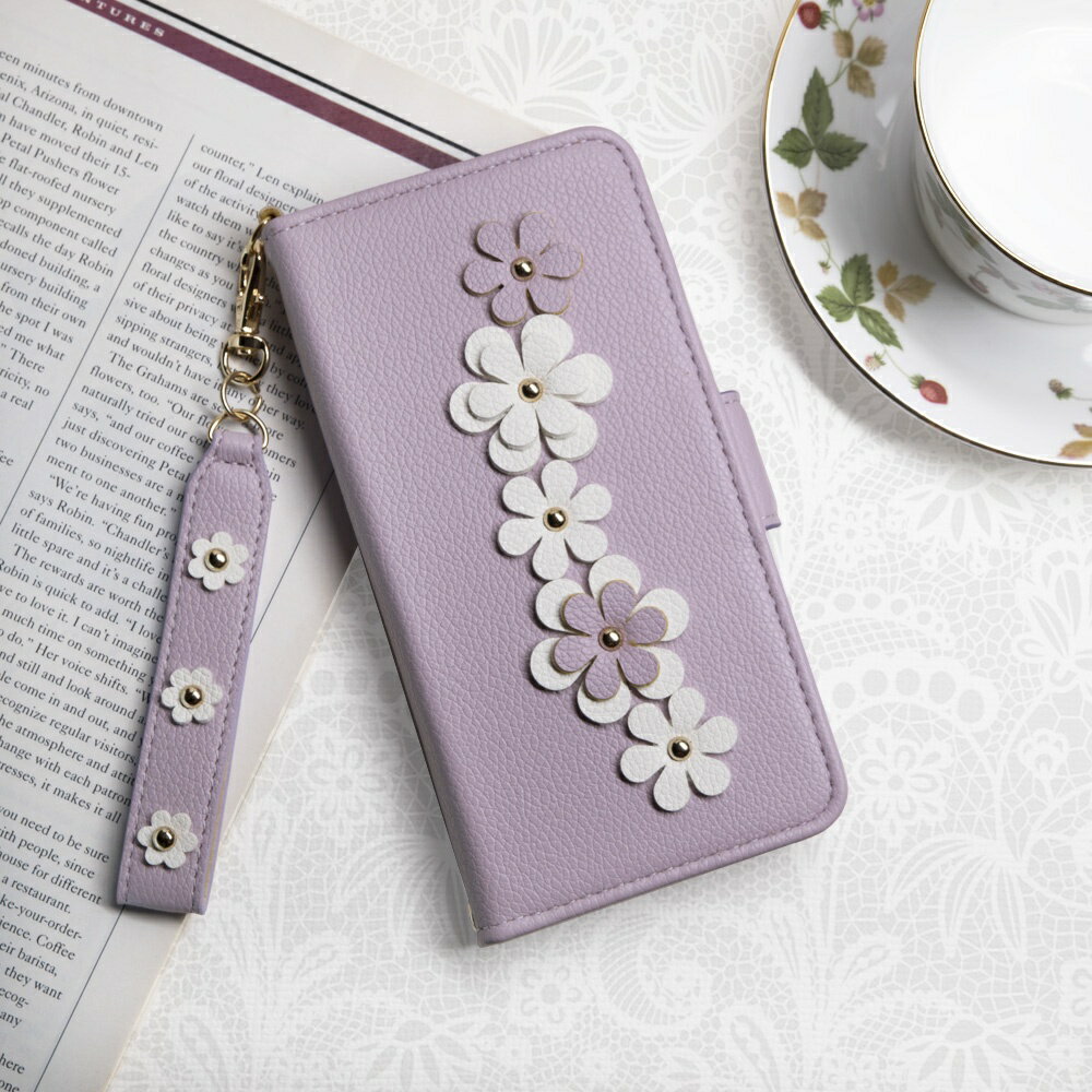 Aguchi 亞古奇 iPhone 14/iPhone 15 全系列 花語鉚釘立體花朵手機皮套 附皮質璀璨吊飾 - 柔紫