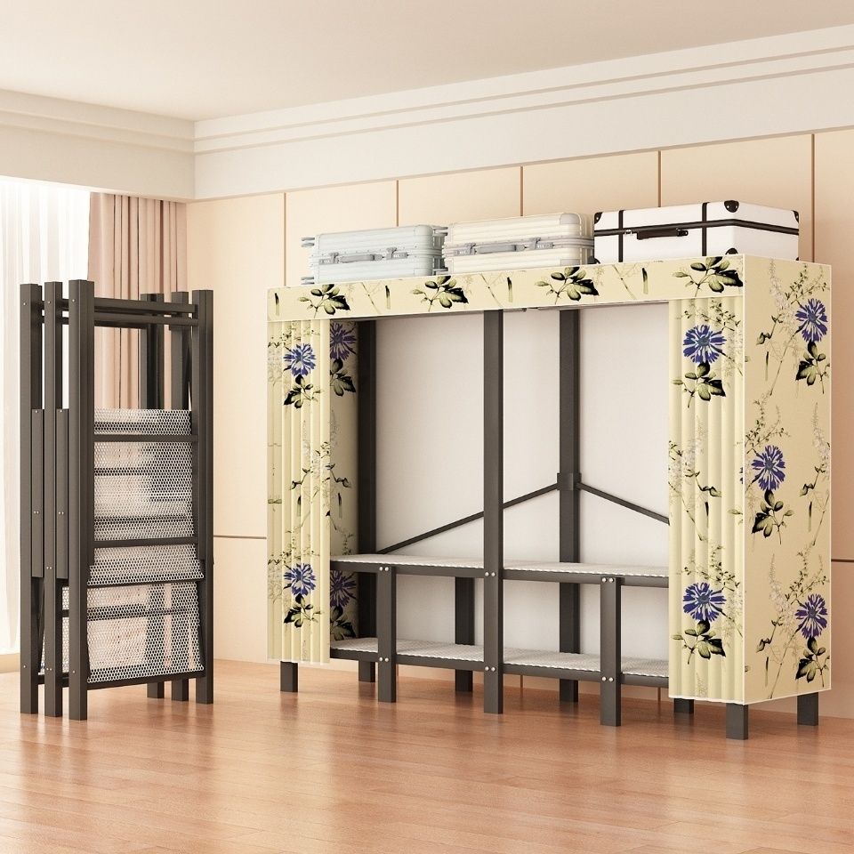 一體折疊免安裝簡易布衣柜家用臥室出租房用全鋼架加粗加厚衣櫥架