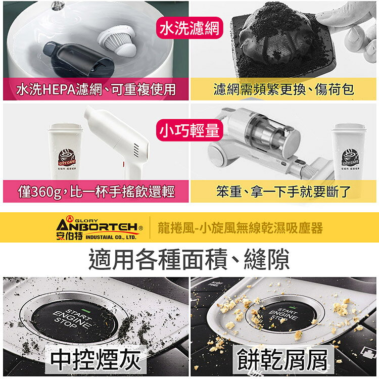【安伯特】小旋風無線乾濕兩用吸塵器 USB充電 車用/家用/辦公室 方便收納 4
