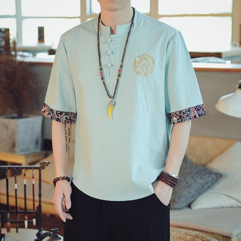 亞麻短袖上衣男|大尺碼45-105公斤男裝上衣|夏季半袖國風體恤唐裝複古胖子棉麻套裝男裝衣服韓係穿搭韓版衣服大尺碼