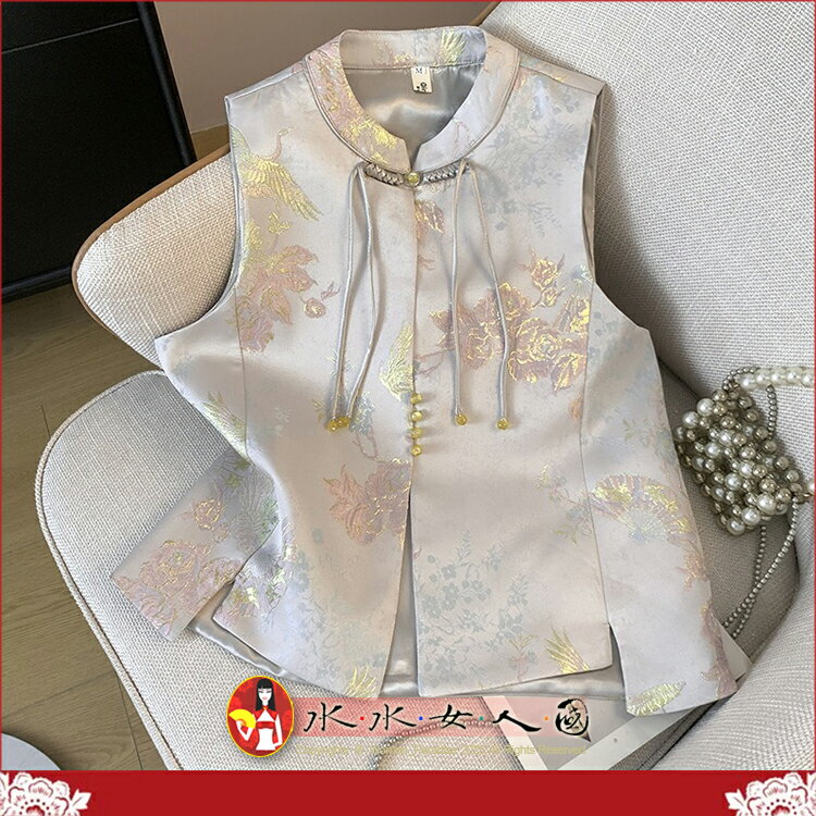 復古提花織錦中式馬甲背心 立領盤扣設計 旗袍式外搭上衣｜梓同 銀灰色｜水水女人國