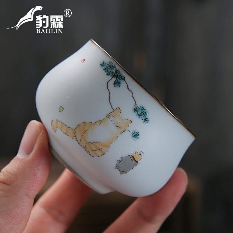 手工貼花貓趣圖功夫茶杯個人專用泡茶工具敬茶杯女士功夫茶具用品 1