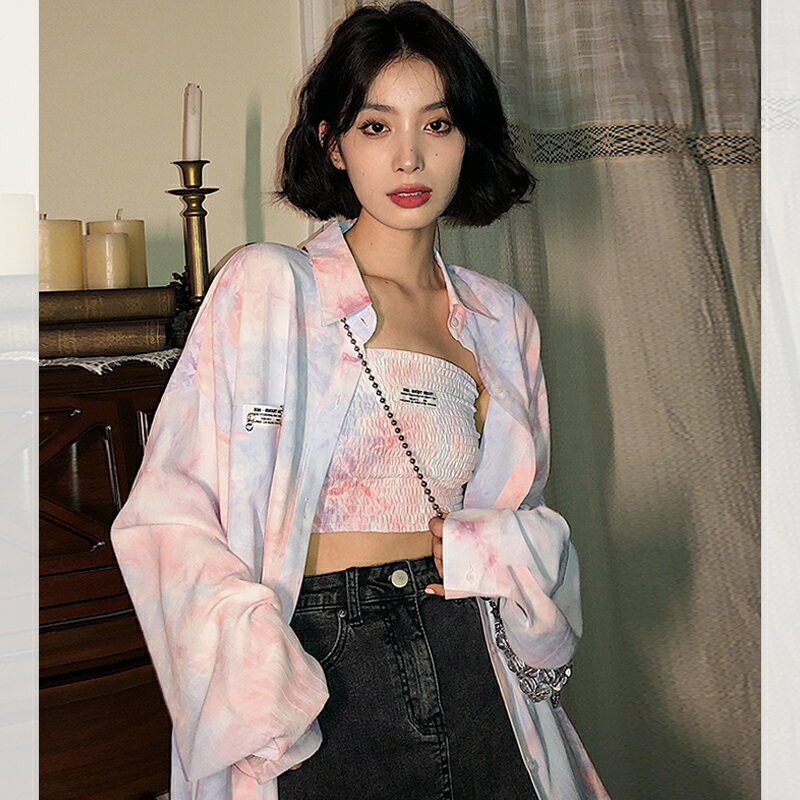 扎染防曬襯衫兩件套裝女夏季港味設計感小眾疊穿復古上衣春秋襯衣