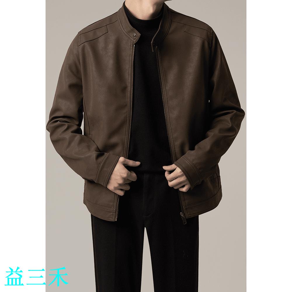 男士高階感立領pu皮衣外套男春秋季韓版輕熟風休閑皮夾克上衣潮流-益三禾