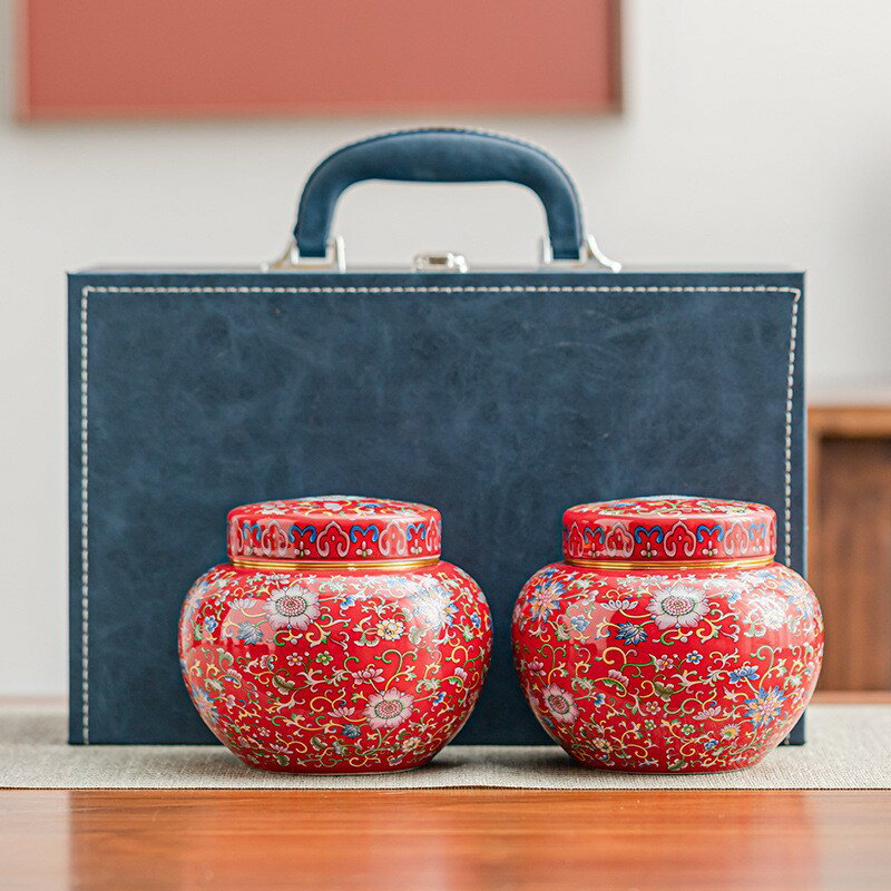 陶瓷茶葉罐琺瑯彩半斤裝皮包高端禮盒密封罐紅茶普洱茶葉包裝空盒