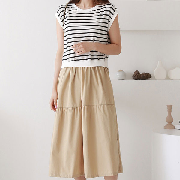 ANNAS 正韓 切袖 條紋 洋裝 無印良品風格 無袖 背心裙 拼接 卡其裙 日系 長洋裝 長裙 韓國 8