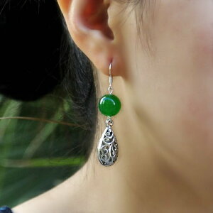 復古綠瑪瑙苗銀鏤空水滴耳環多色可選耳墜韓版長款氣質耳飾