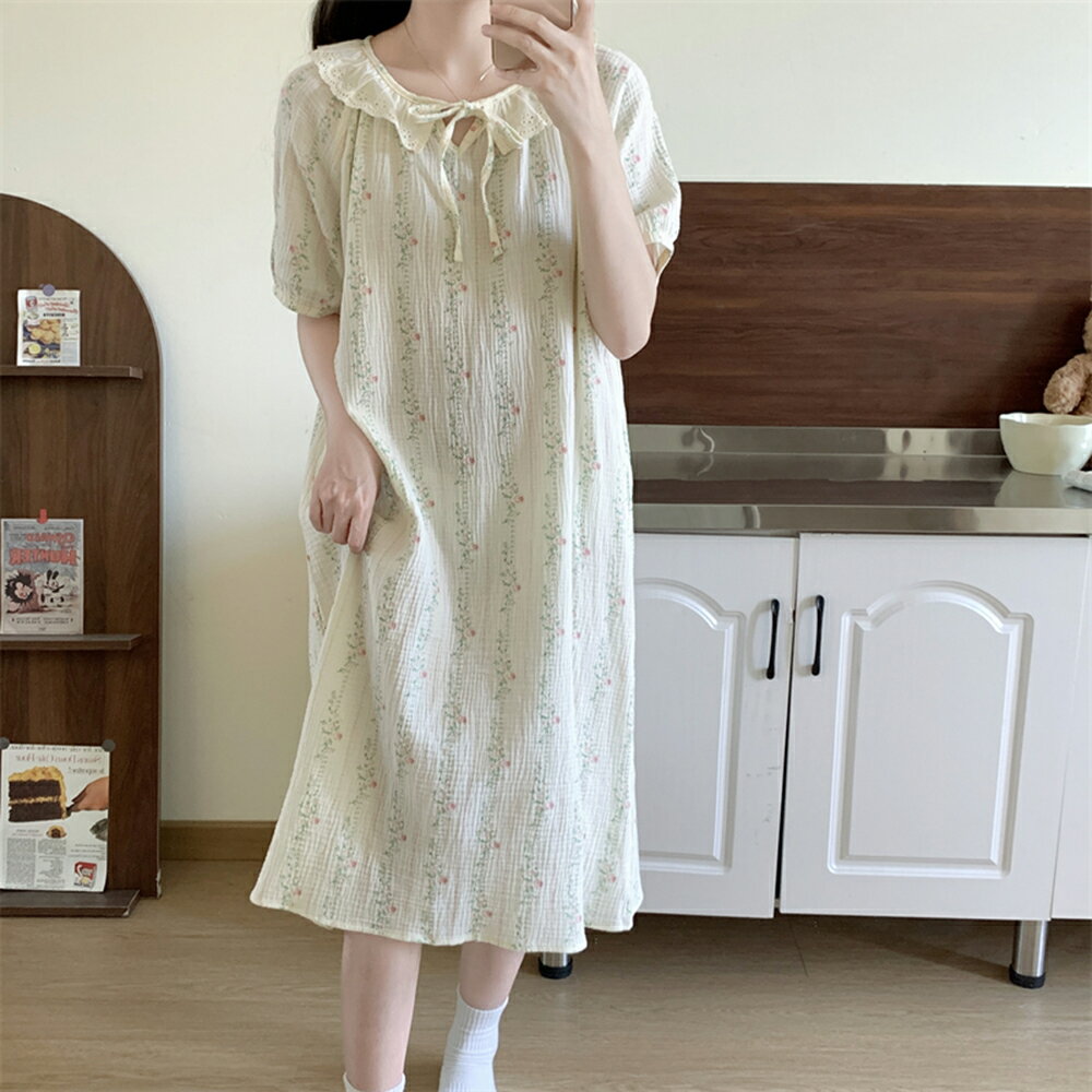 ＊ORead＊韓版豎條紋肌理碎花睡衣家居服連身裙(圖片色M~2XL)【限定加碼✿全館滿額再折】