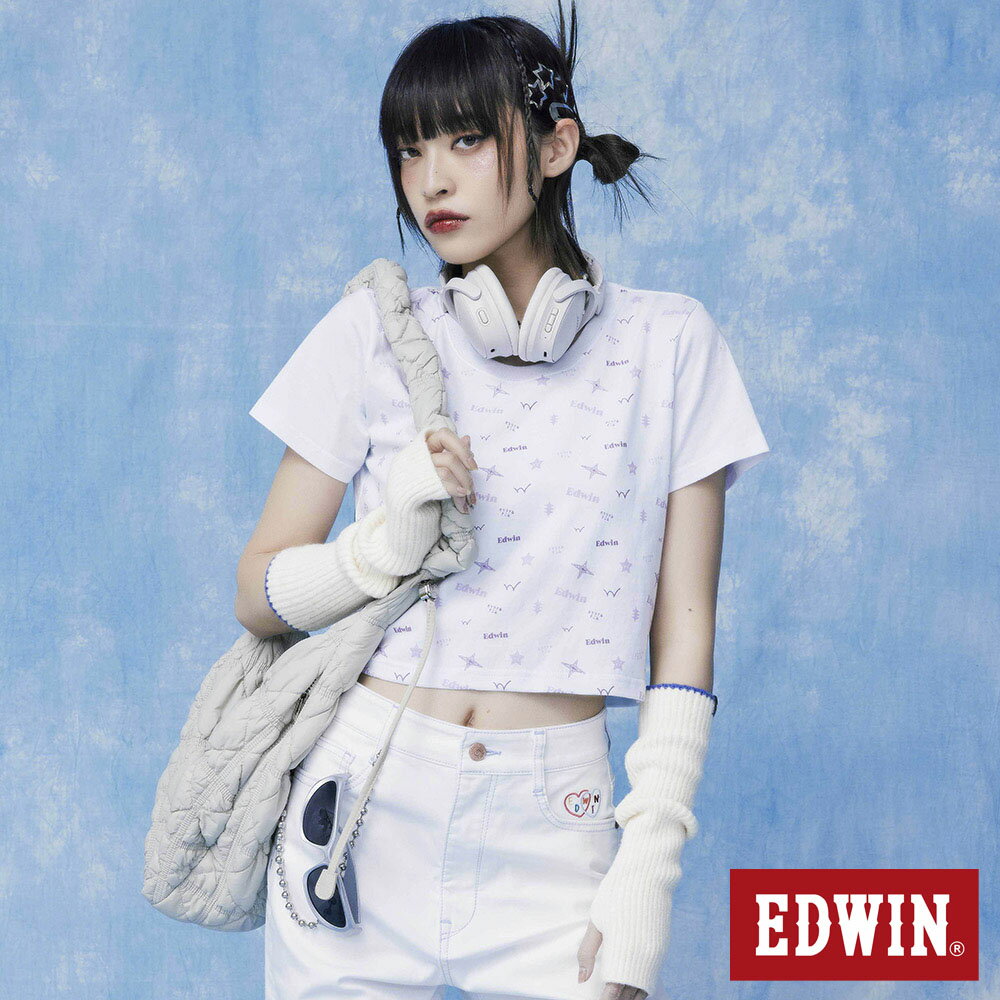 EDWIN 滿版印花短版短袖T恤-女款 白色