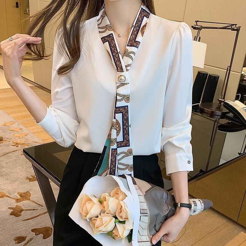 V領白色襯長袖上衣 領帶職業襯衫 女 雪紡襯衫 洋氣飄帶上衣時尚打底衫 長袖緞麵襯衣 西裝內襯 西裝襯衣女 長袖雪紡襯衫