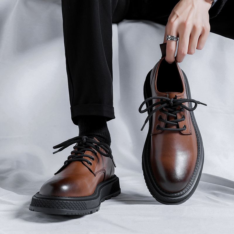 棕色皮鞋 男士冬季休閑商務正裝高級感英倫風低幫馬丁靴結婚新郎鞋