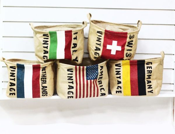 UNIPRO【L048】日雜風 復古棉麻國旗 收納袋 洗衣籃 玩具籃 美國 義大利 瑞士 荷蘭 德國 24X30CM