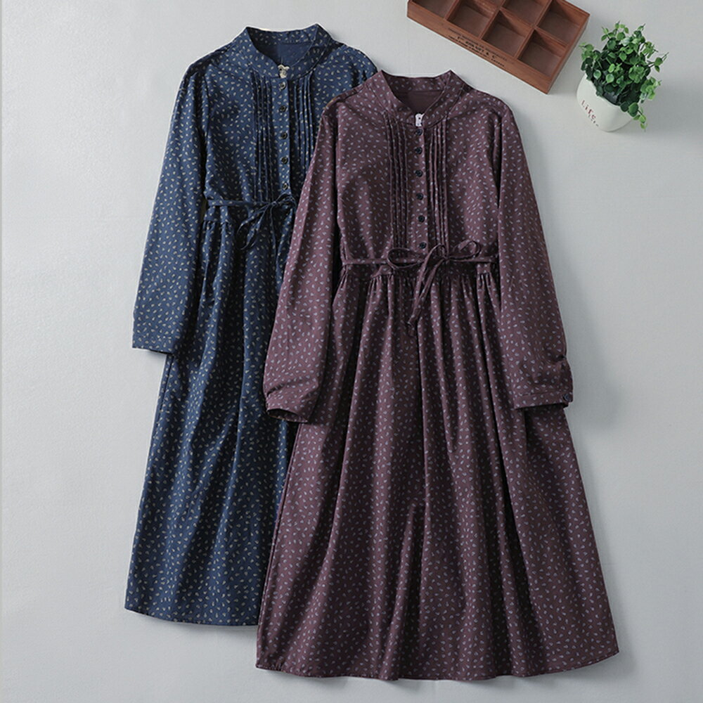 ＊ORead＊日系森系棉麻復古印花中長連身裙(2色M~2XL)【限定加碼✿全館滿額再折】