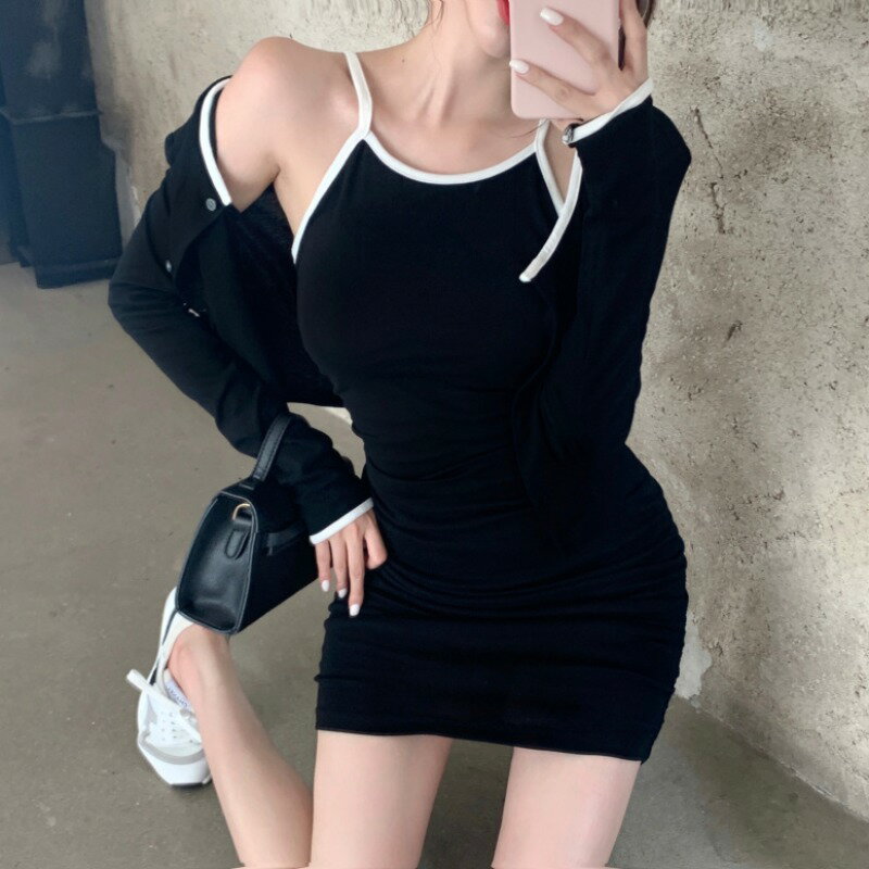 春季新款法式收腰吊帶包臀連衣裙女長袖短款開衫上衣兩件套