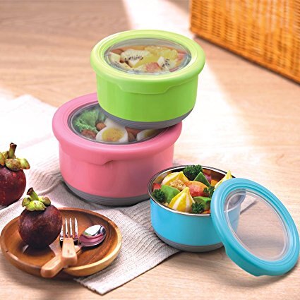 圓形防滑不鏽鋼保鮮盒 730ml*3(隨機色) 學生餐具 便當盒 保鮮碗 附蓋碗 水果盒 飯盒 餐盒 兒童碗