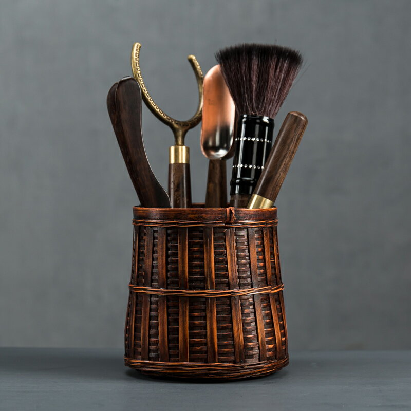 日式復古創意竹簍茶道六君子套裝茶具配件零配藤編茶勺杯叉茶夾筆