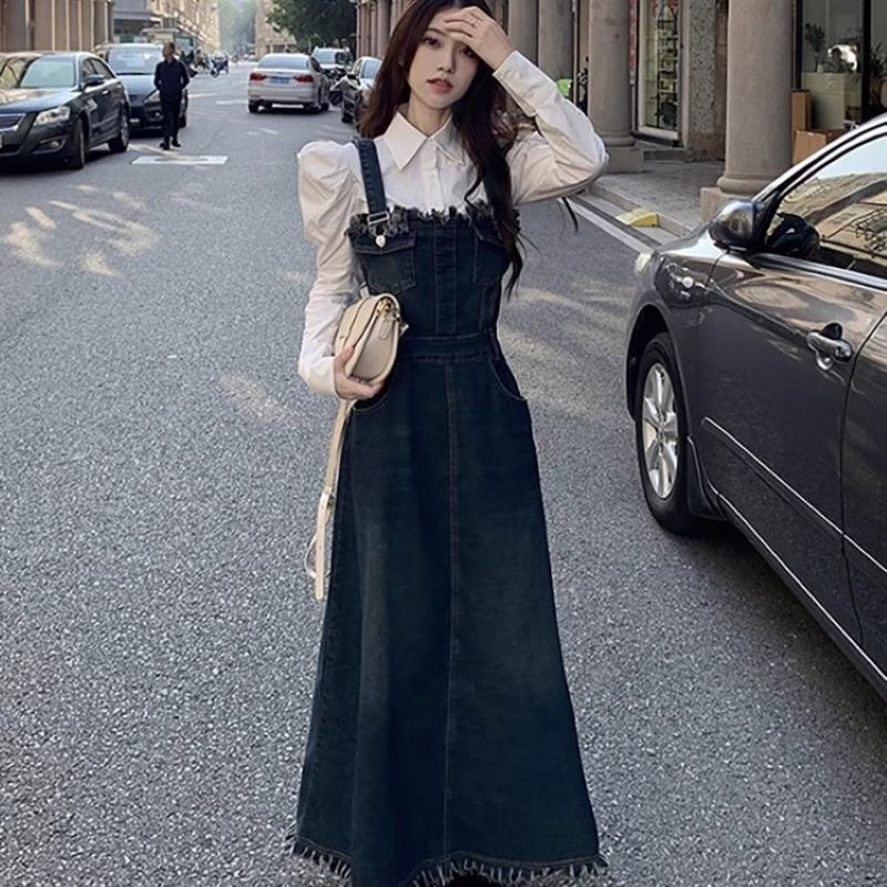 【巴黎精品】現貨+預購 休閒套裝長袖裙裝-牛仔吊帶疊穿襯衫女裝襯衫+牛仔套裝色w1af53