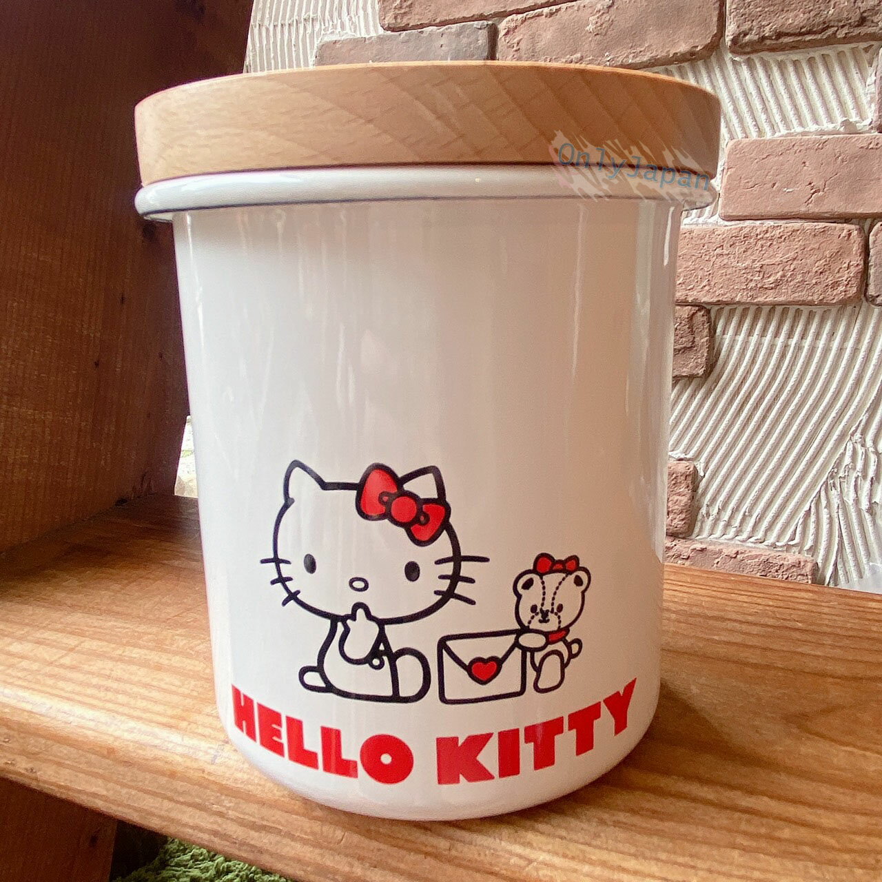真愛日本 不鏽鋼琺瑯收納罐附天然木蓋 kitty 凱蒂貓小熊牛奶白 琺瑯收納罐 食物罐 置物罐 不鏽鋼罐