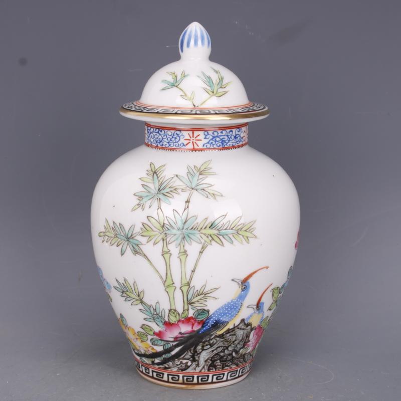 清乾隆描金粉彩花鳥紋將軍罐手繪仿古工藝瓷器家居中式古玩擺件1入