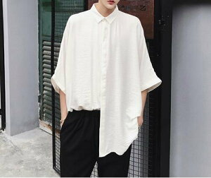 FINDSENSE Z1 韓國 時尚 潮 男 大尺碼 寬鬆蝙蝠袖 純色素面 短袖襯衫 五分袖襯衫 素面襯衫