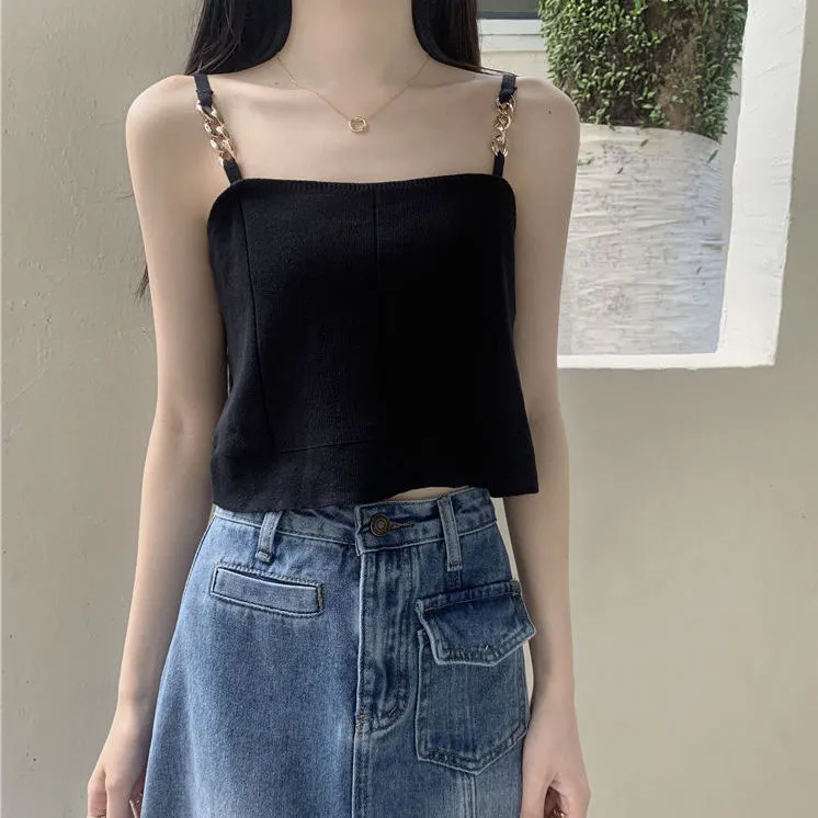 女士背心 小可愛 韓版鏈條針織吊帶 女夏季甜辣妹小背心 氣質黑色內搭上衣 外穿打底衫 無袖上衣 女生背心【不二雜貨】
