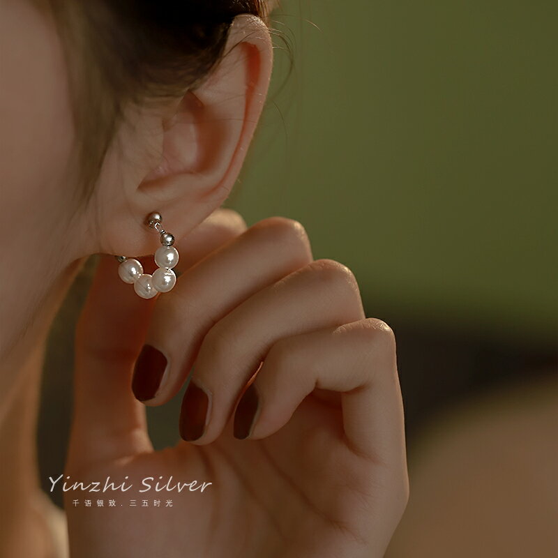S925銀復古耳環女仿珍珠小眾設計耳圈耳飾2022年新款耳釘高級感耳