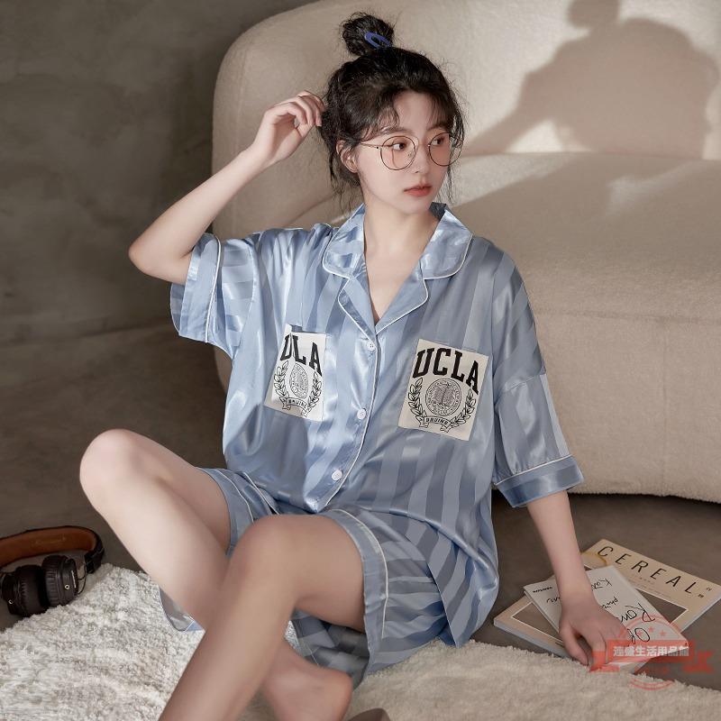 短袖冰絲綢睡衣女夏季韓版簡約高級感舒適居家休閑寬松家居服套裝