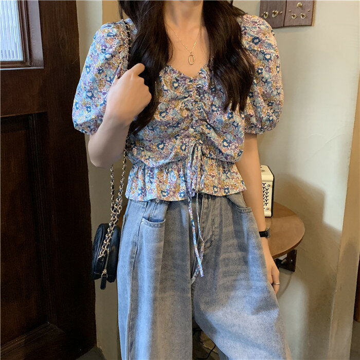 短款抽繩碎花襯衫女設計感小眾上衣年夏季新款法式泡泡袖襯衣