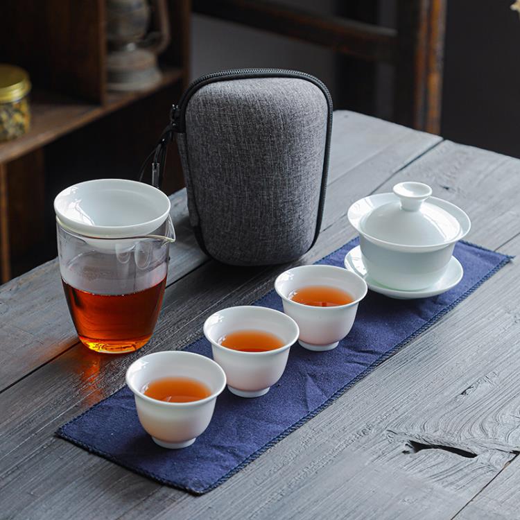 笑匠蓋碗一壺四杯玻璃快客杯三杯旅行茶具套裝便攜包戶外旅遊logo【摩可美家】
