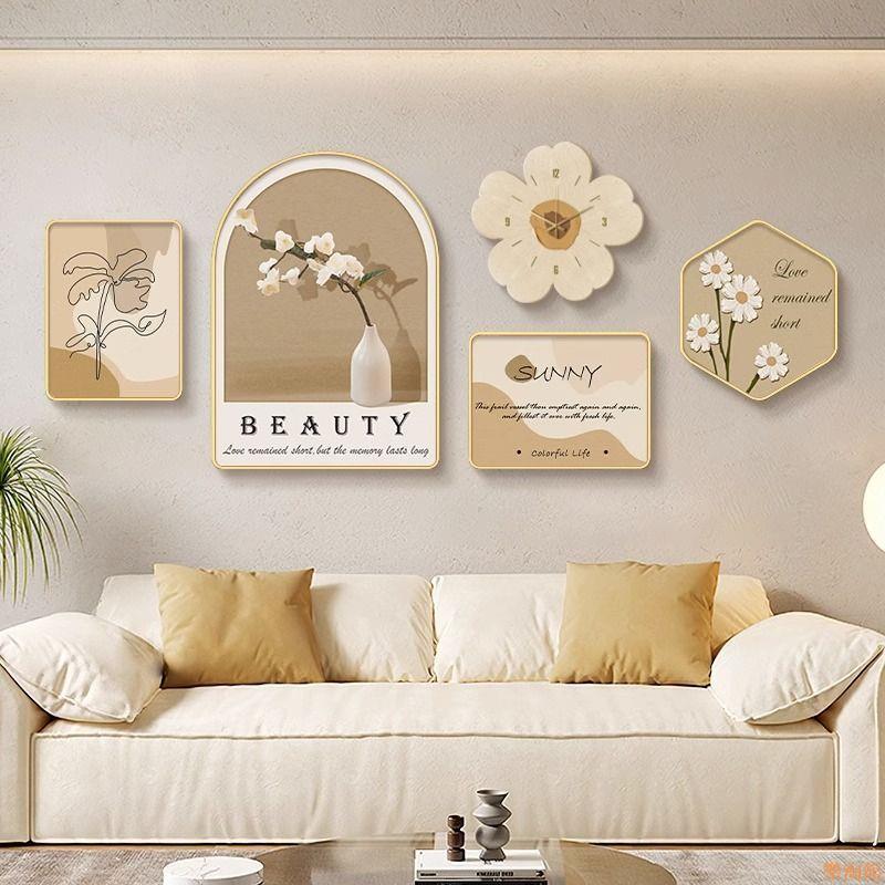 【樂淘館】北歐客廳裝飾畫帶鐘表現代簡約沙發背景墻壁畫創意高檔奶油風掛畫