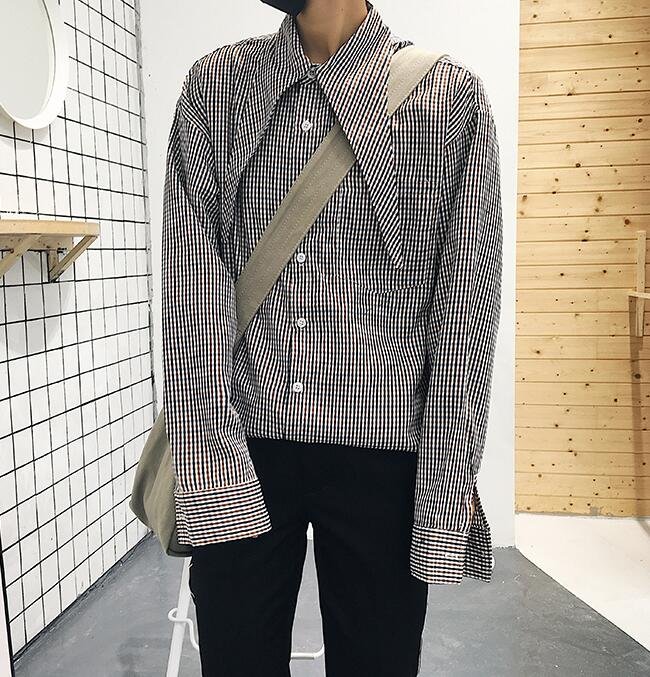 FINDSENSE Z1 韓國 時尚 潮 男 複古 翻領 格紋 寬鬆 長袖襯衫 格子襯衫 上衣
