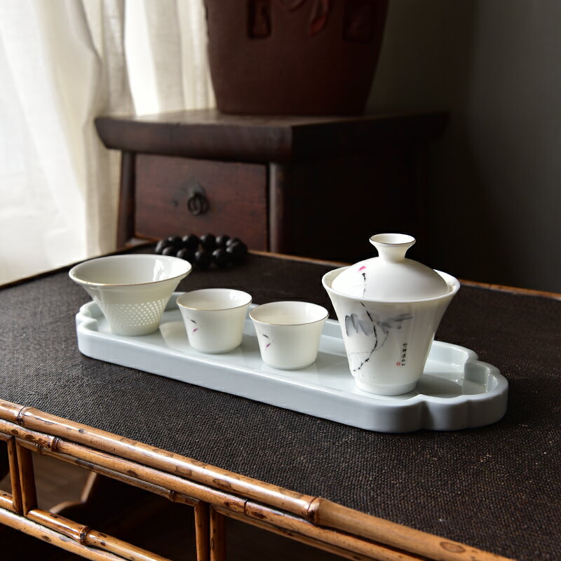 凝脂玉瓷蓋碗快客杯 創意組合茶器 便攜旅游茶具茶杯一壺兩杯布袋 3