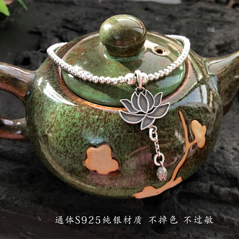 蘇末原創s925純銀腳鏈銀珠子復古蓮花文藝古風小眾民族風吉祥轉運 1